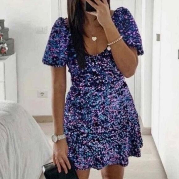 ZARA MINI DRESS SEQUIN BLUE PURPLE BLACK VELVET size Junior Large - Picture 1 of 8